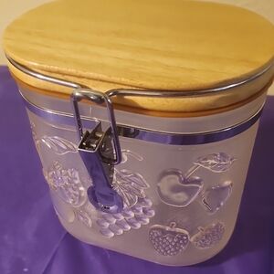 Etched Plastic Canister with Wooden Lid and Fruit Design